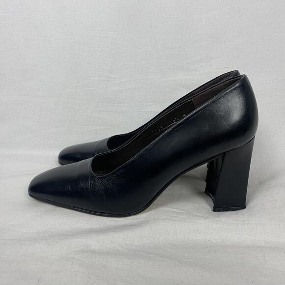 VTG Etienne Aigner Heels Womens 7.5 Black Leather Pumps Square Toe Chunky Heel - Picture 5 of 14